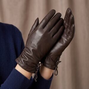Women’s Brown Leather Gloves Cashmere Lined Ruched Wrist Bow Quiet Luxury Size M